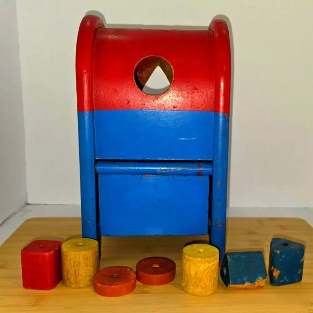 Vintage 1940s Playskool Postal Station Mailbox Shape Sorter Toy Wooden antique